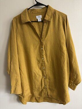 Sigrid Olsen 1X Johnny Collar Shirt Linen, Long Sleeve Button Up Mustard Yellow